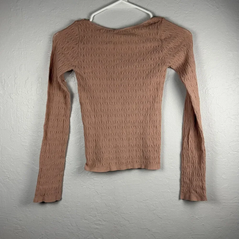 Zara Knit Top M-L Blush Pink Long Sleeve Stretch Textured Crew Neck NWT